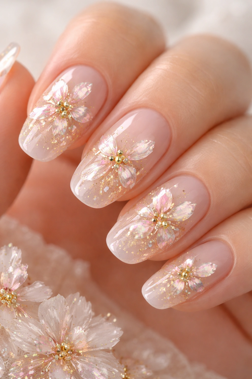 Sheer pink nails with petal-shaped foil floral accents.