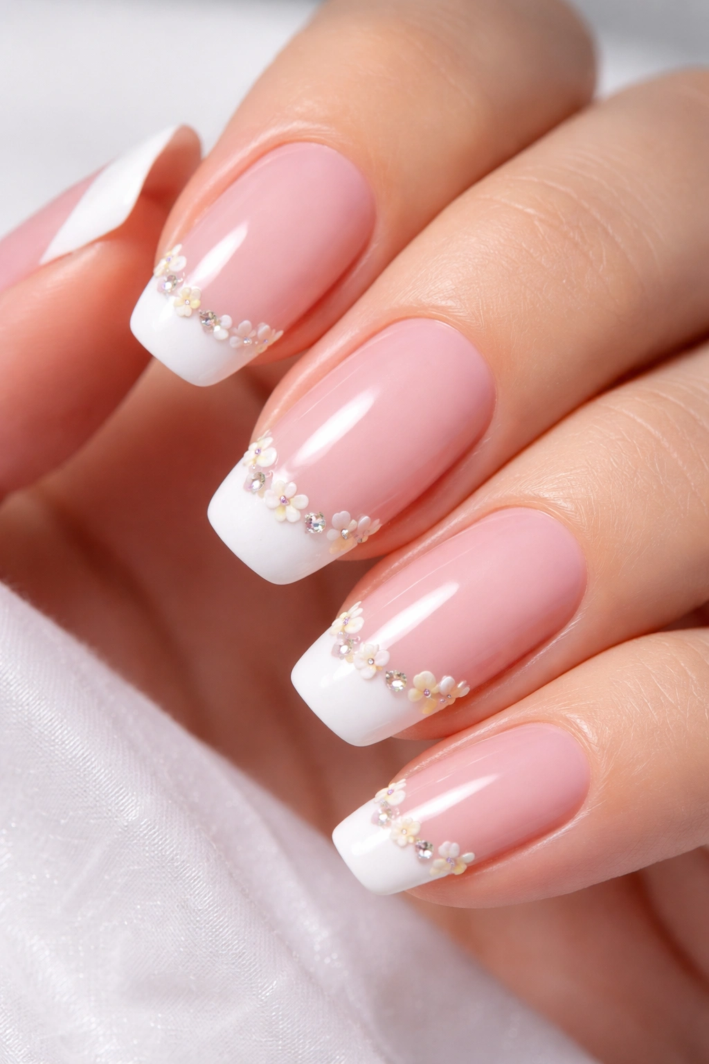 Nude nails with tiny floral accents along French tips close-up