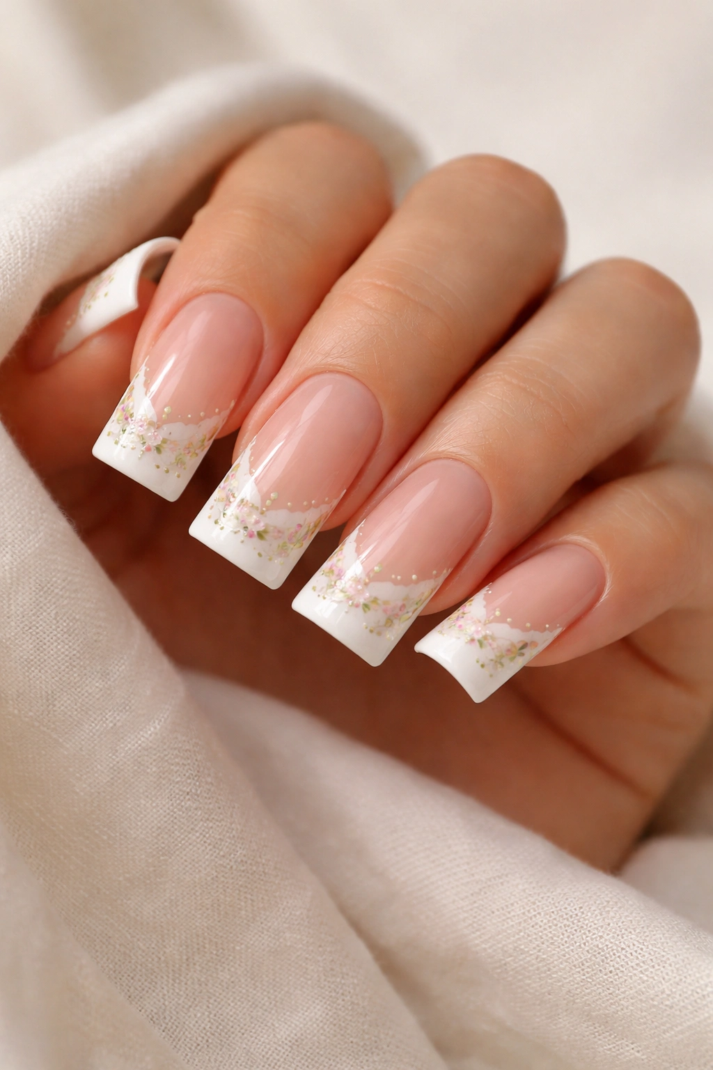 Duck nails with delicate floral accents on the white French tips.