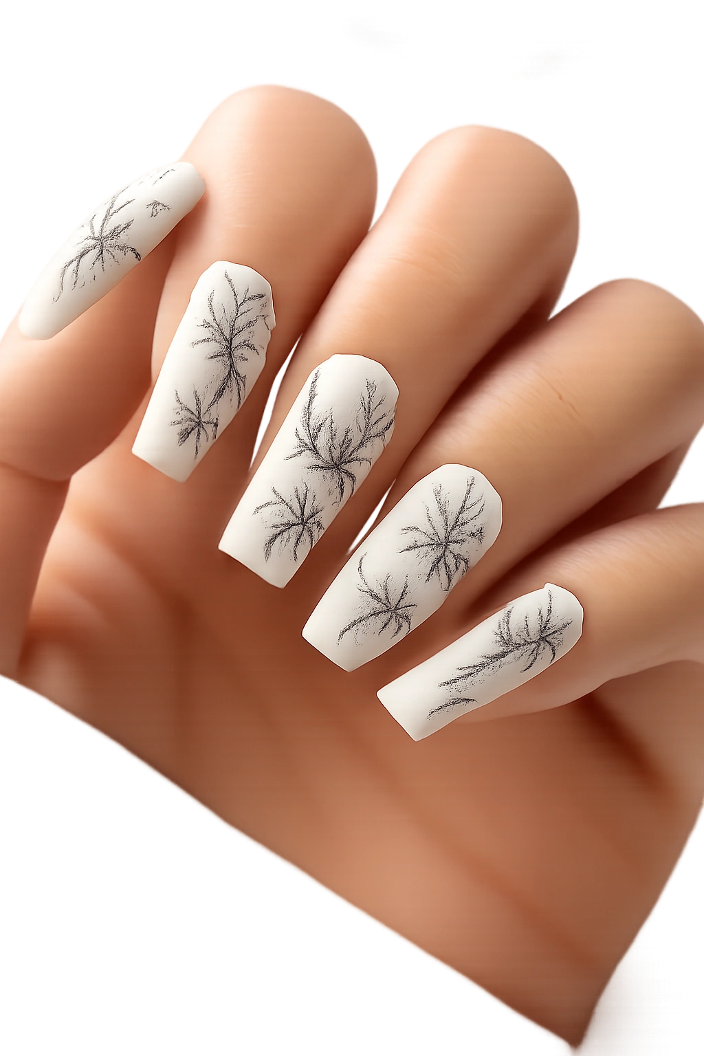 Coffin nails with delicate black floral line art on white base