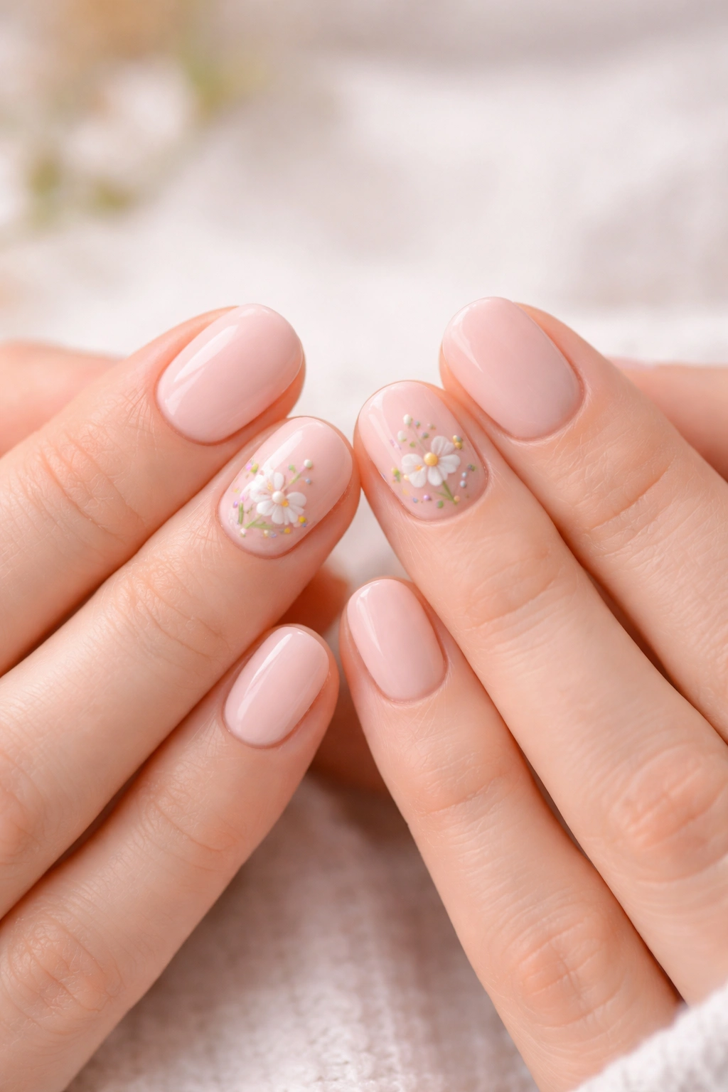 Close-up of matching floral accent nails on short nails.