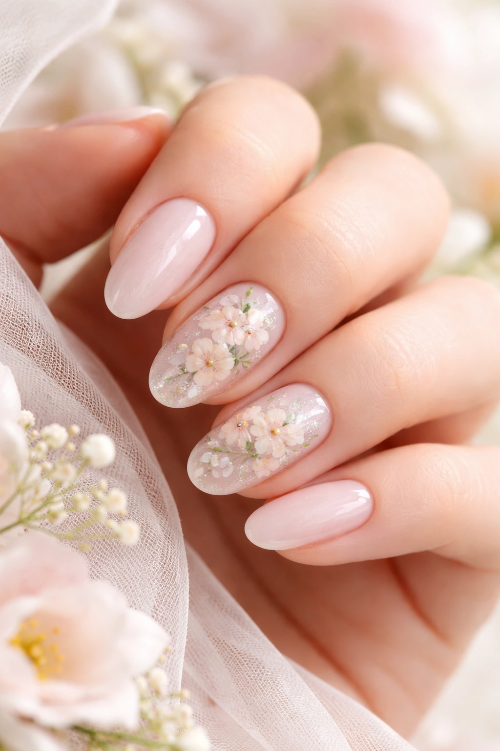 Close-up of romantic floral nail art with delicate painted blossoms on nails