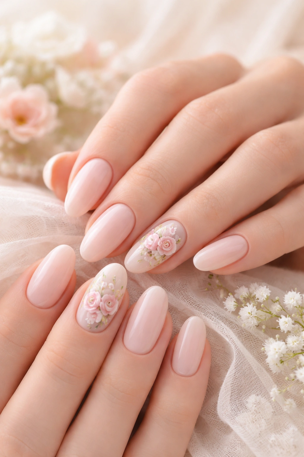 Nail art with tiny hand-painted roses on accent nails