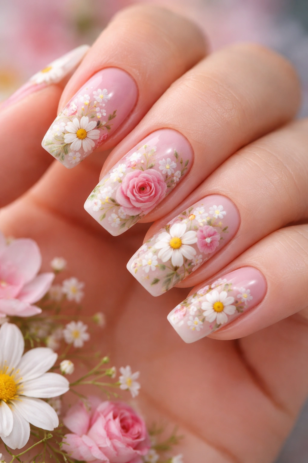 Close-up of medium-length acrylic nails with hand-painted floral designs featuring daisies and roses