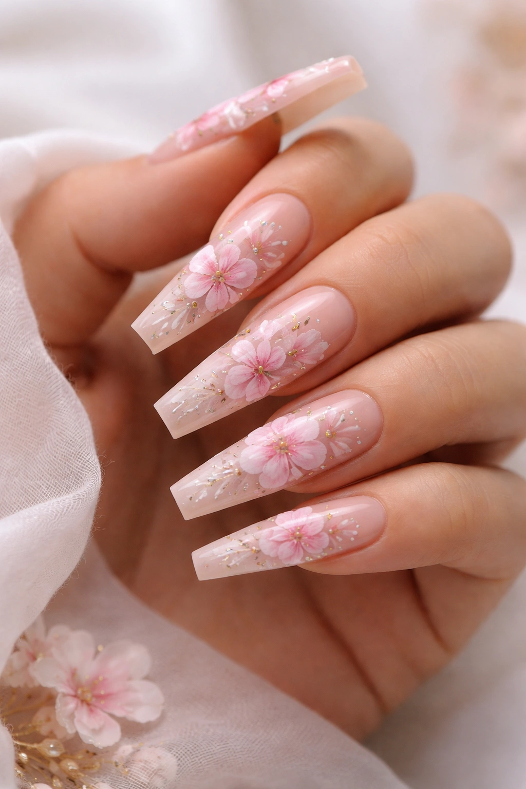 Close-up of floral design coffin nails with hand-painted flowers