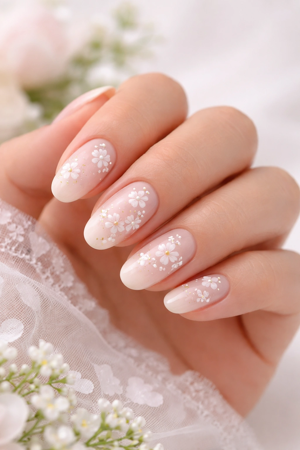 Close-up of nails with delicate hand-painted floral designs on nude base