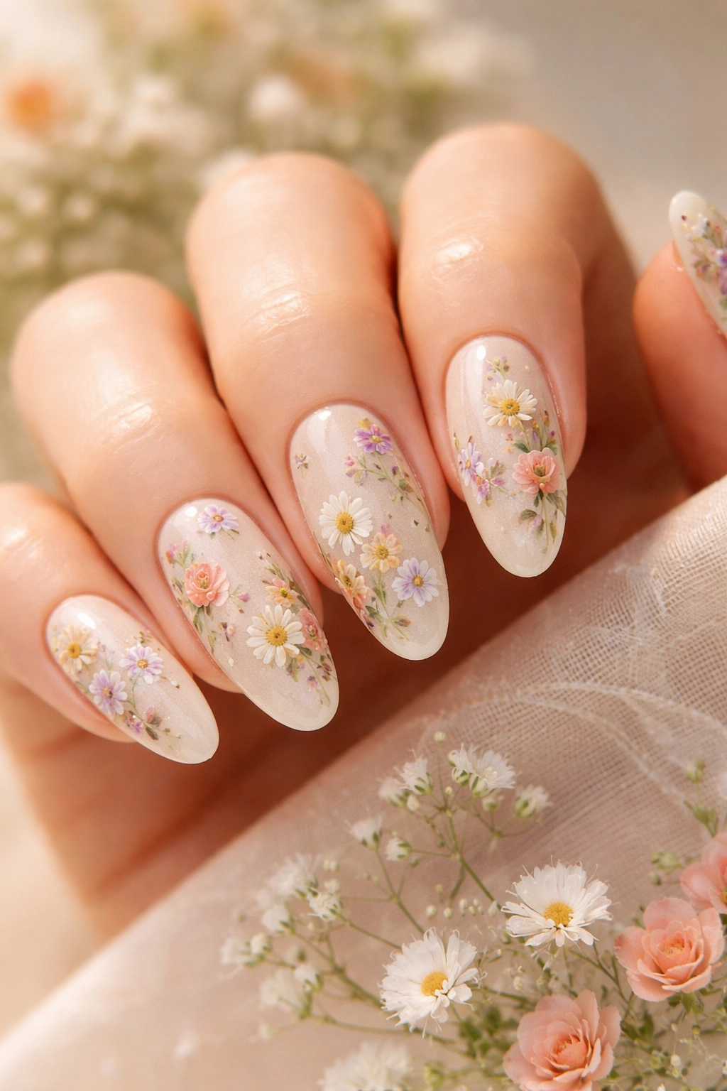 Close-up of long oval nails with floral garden design on a cream base with tiny flowers