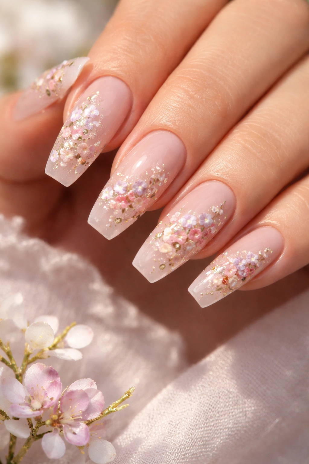 Curved coffin nails with tiny floral clusters and foil details