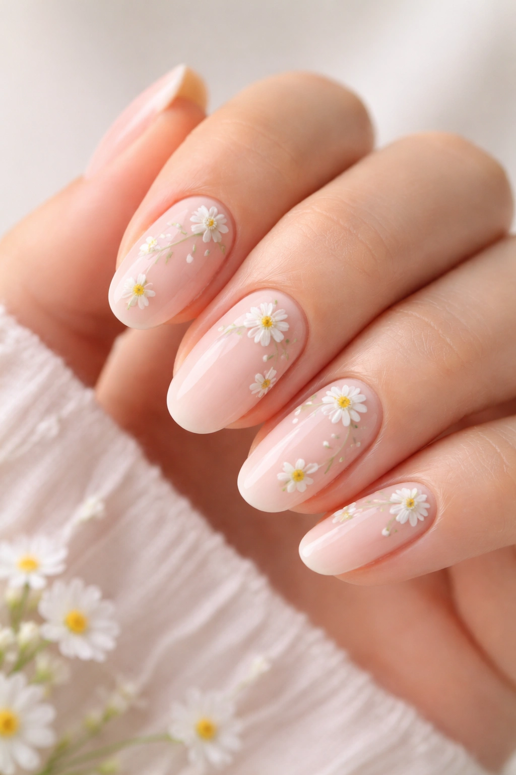 Nails with tiny hand-painted daisies on soft pink base