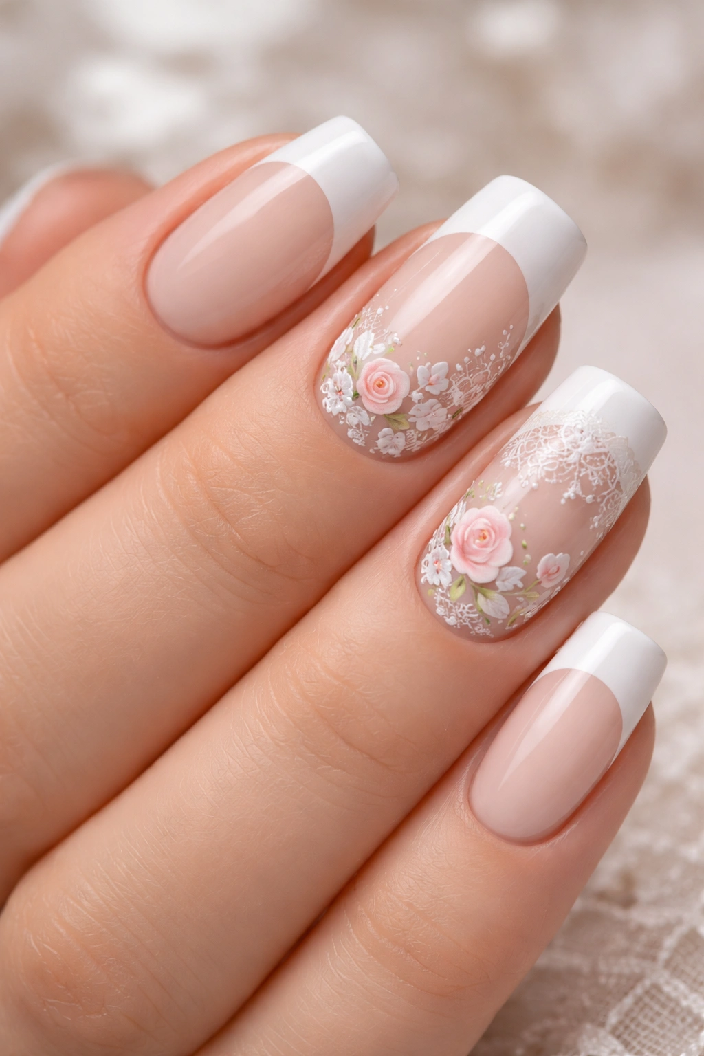 Nails with hand-painted florals and lace on French tips on accent nails