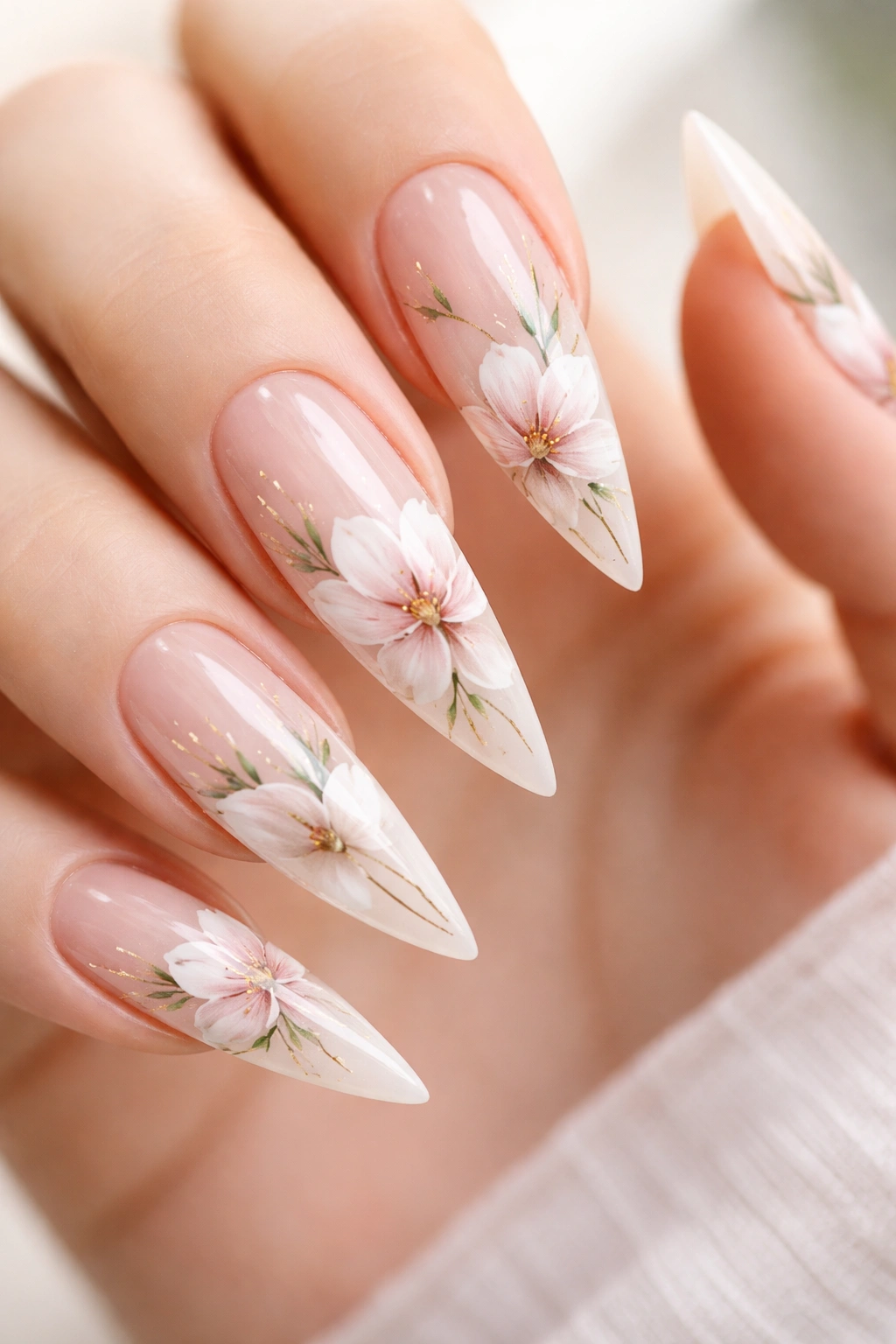 Close-up of stiletto nails with hand-painted flowers and negative space on a neutral background.