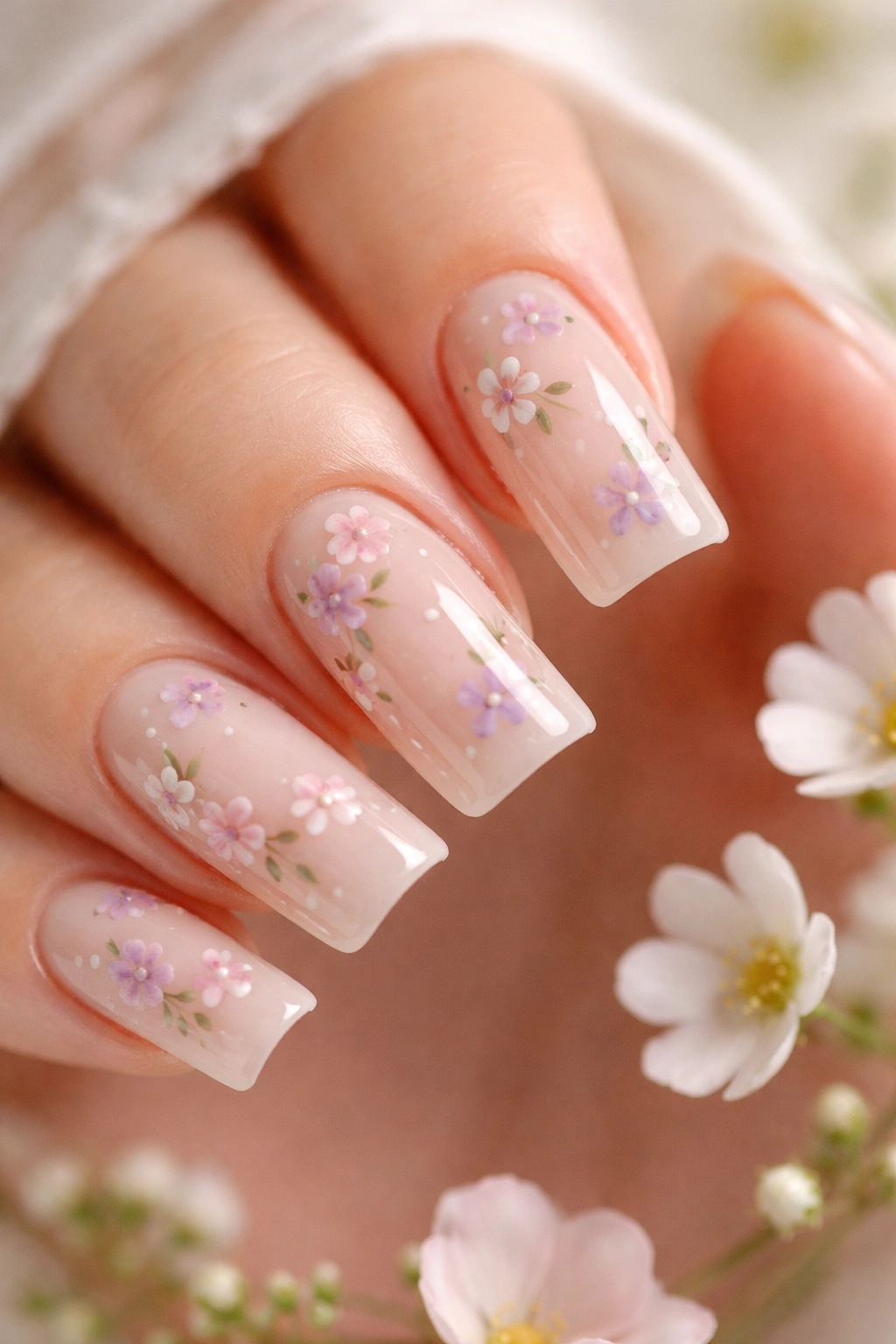 Slim duck nails with tiny delicate flowers on a nude base