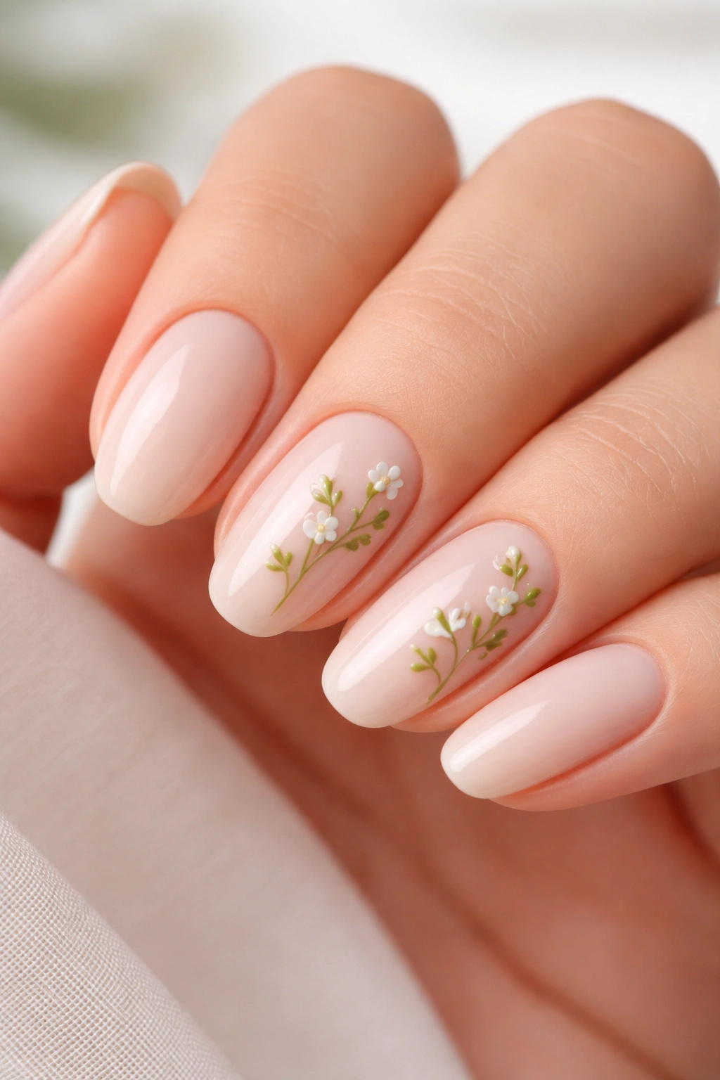 Nude nails with small green floral accents