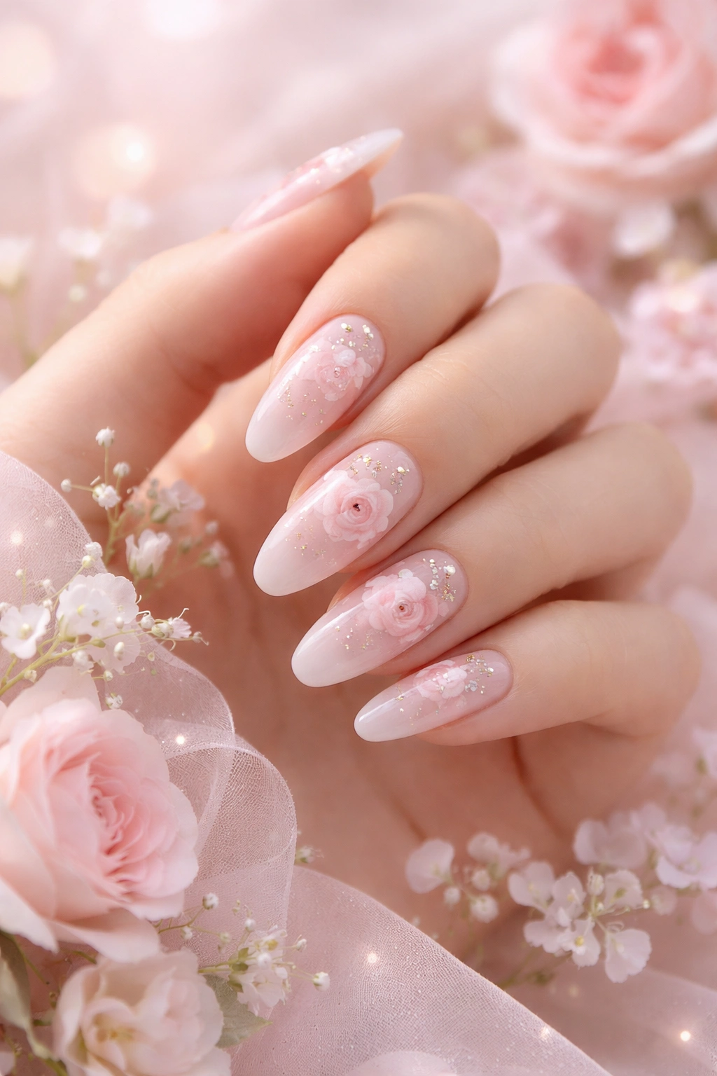 Hand with floral nails featuring hand-painted roses on blush pink base