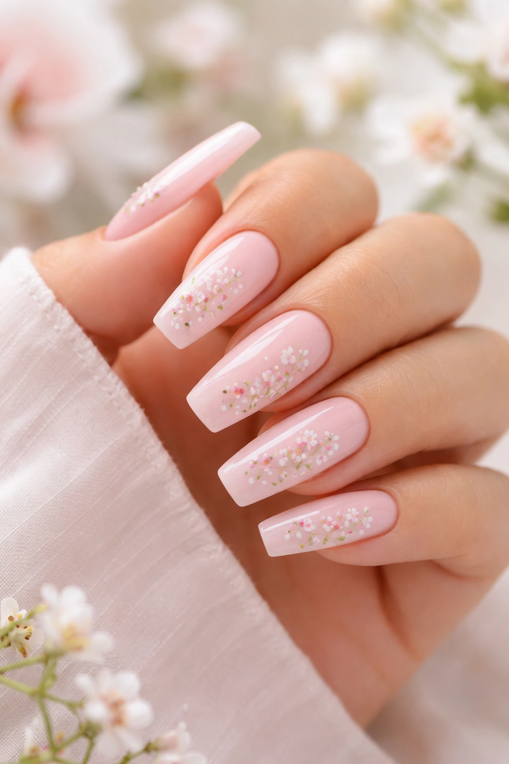 Delicate floral nail art on light pink coffin nails.