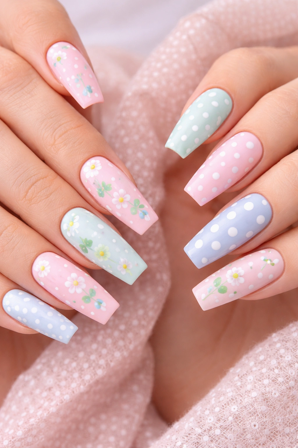 Close-up of coffin nails with floral and polka dot patterns in pastels.