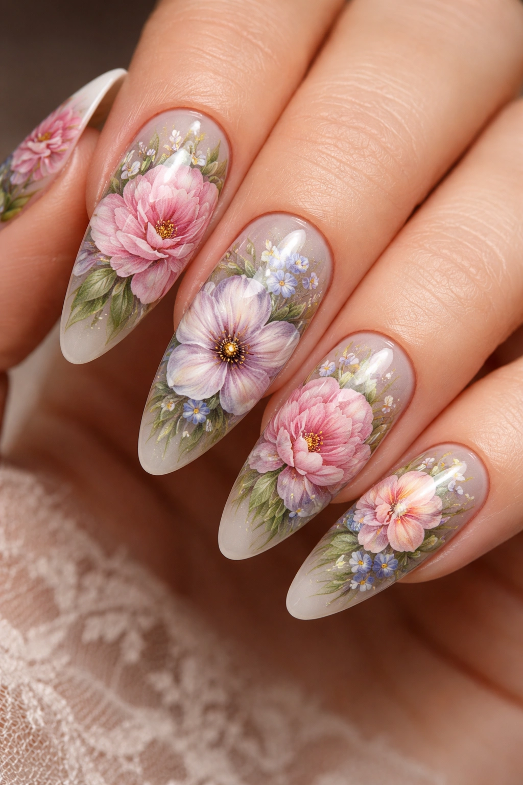 Close-up of hand-painted floral nails with precise petals and veins