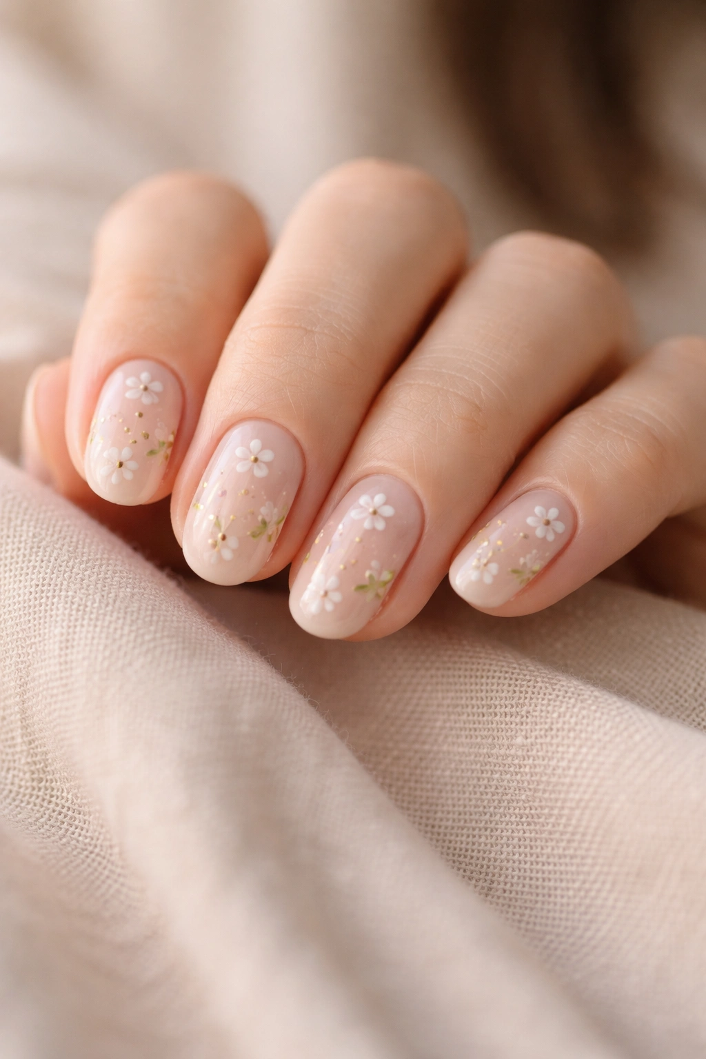 Close-up of short oval floral nails with delicate pastel floral nail art on nude base