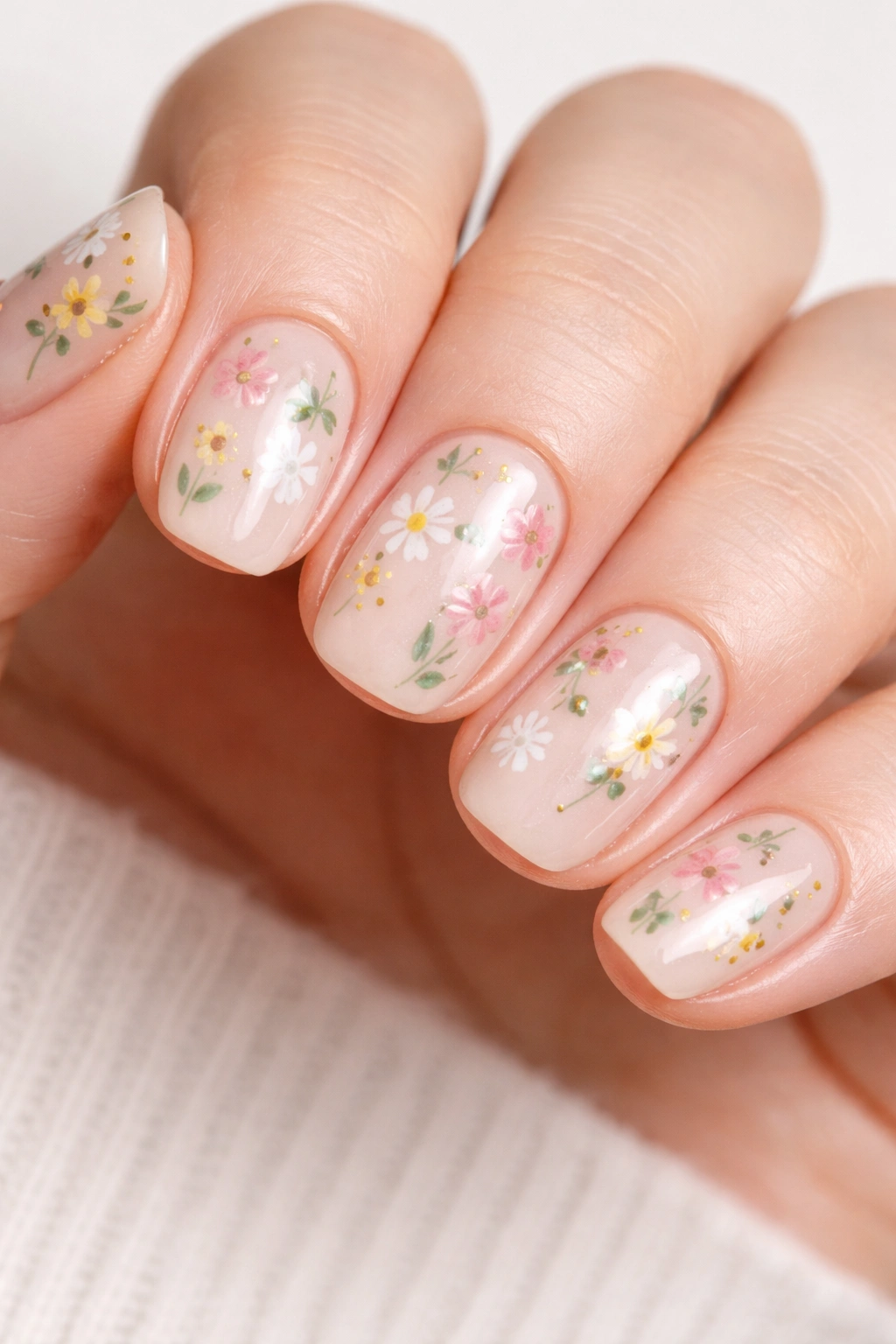 Tiny floral nail art on short squoval nails.
