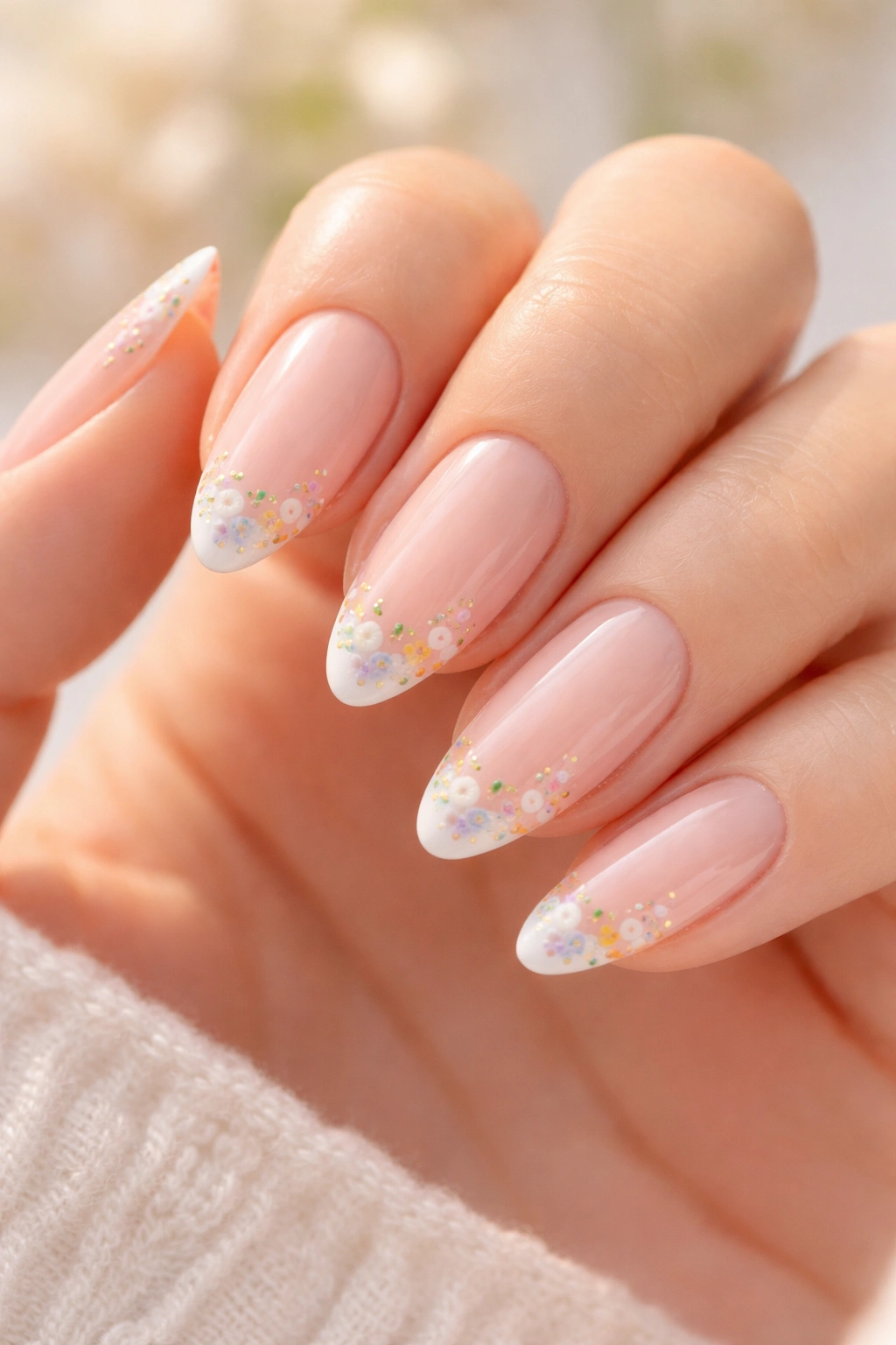 Close-up of nails with nude base and pastel floral tips