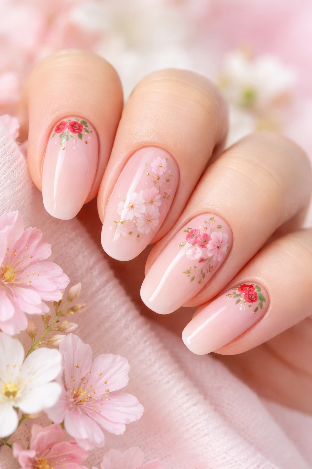 Nails with delicate floral designs including tiny roses and cherry blossoms