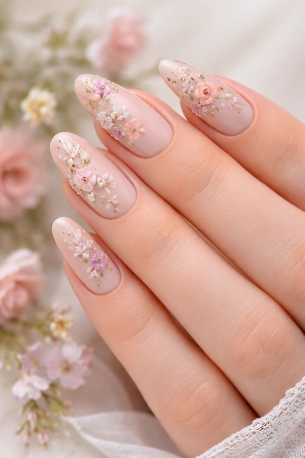Close-up of nails with delicate hand-painted floral designs on a nude base