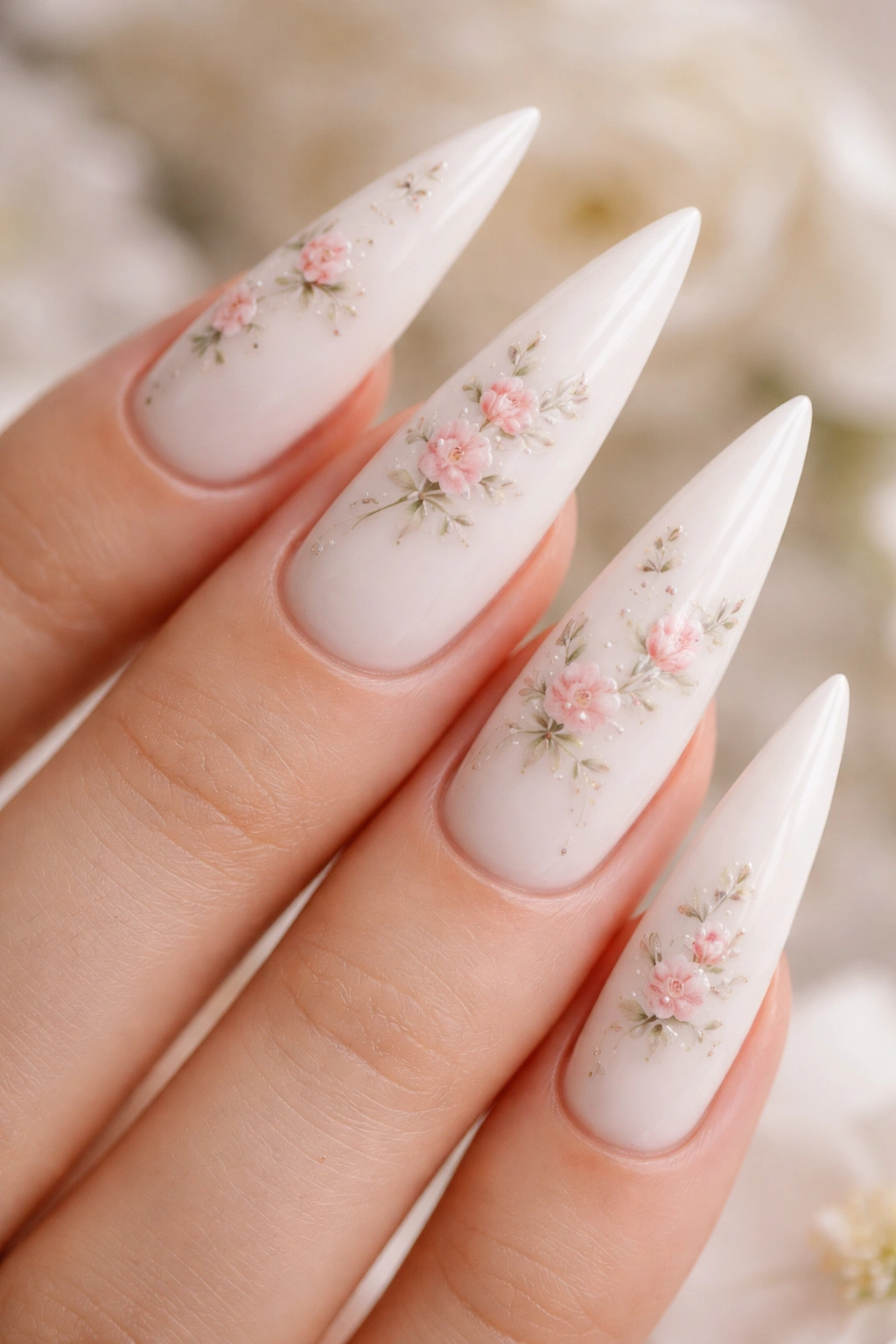 White stiletto nails with tiny hand-painted floral designs
