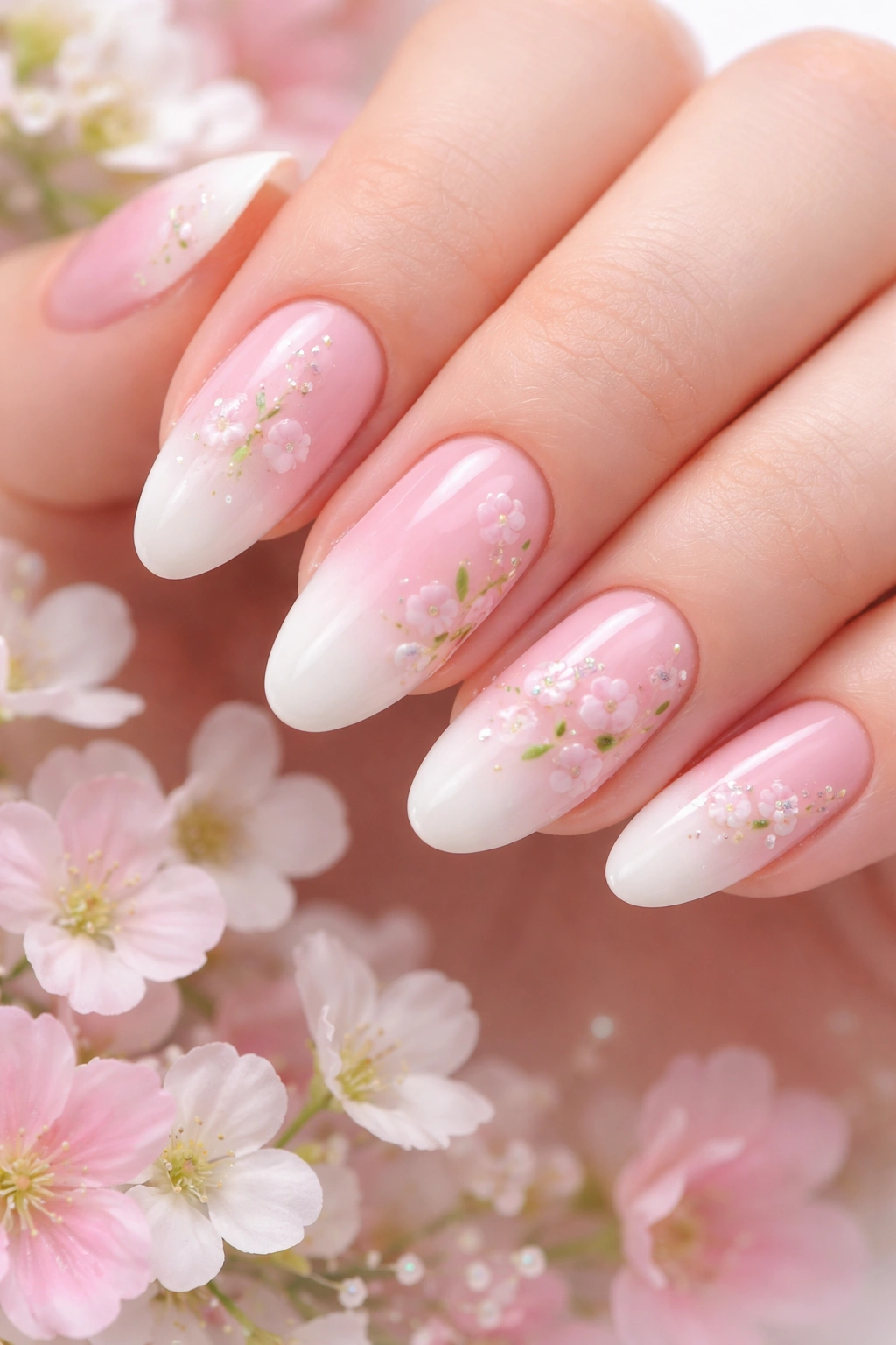 Close-up floral ombre nails with soft pink to white gradient and floral accents