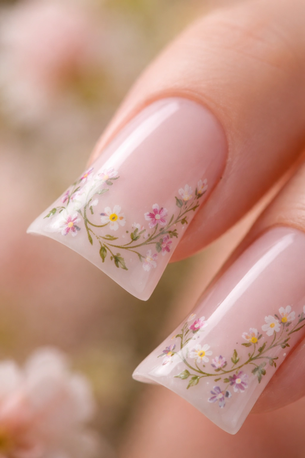 Close-up of a duck nail with delicate floral patterns on a neutral base along the curved tip.