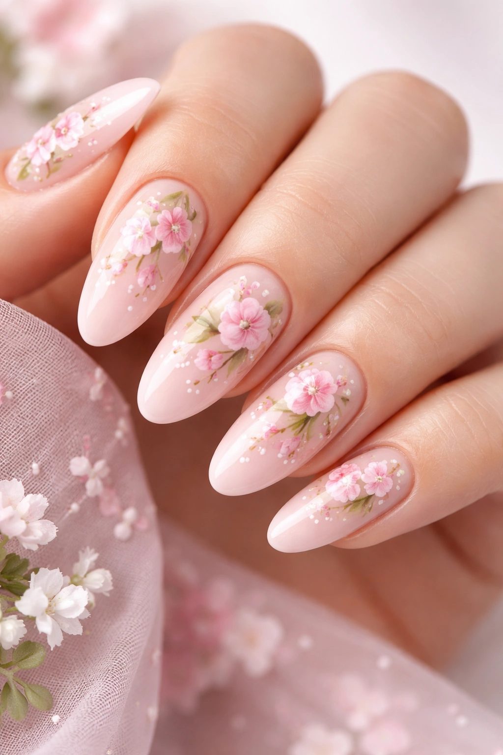 Nails with delicate pink floral nail art close-up
