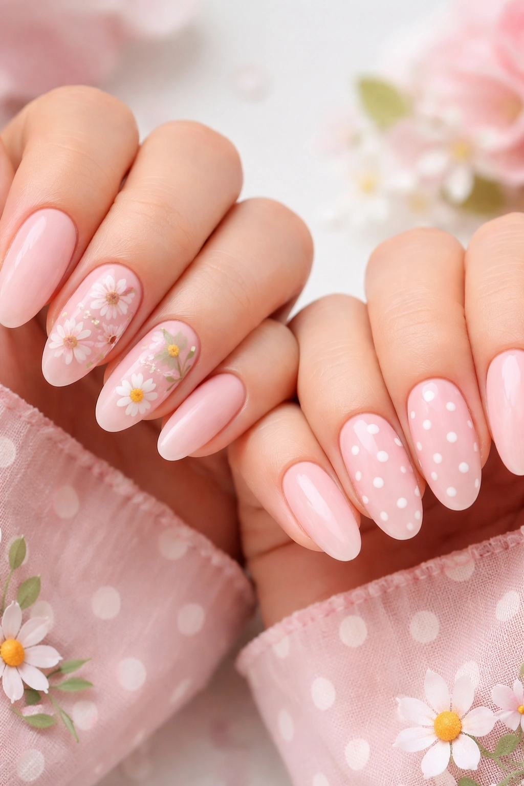 Two hands with almond nails showing floral and polka dot accents in coordinating pastels