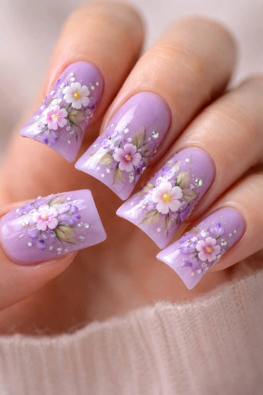 Close-up of floral purple duck nails with tiny blossoms on a purple base