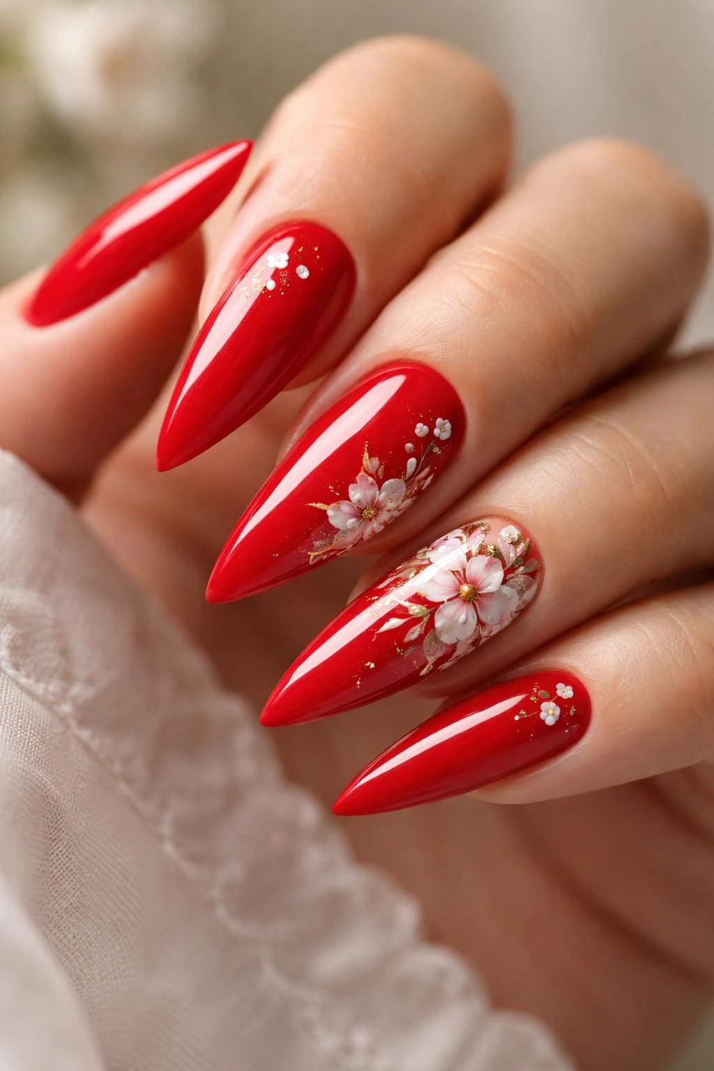 Close-up of true red stiletto nails with delicate floral art