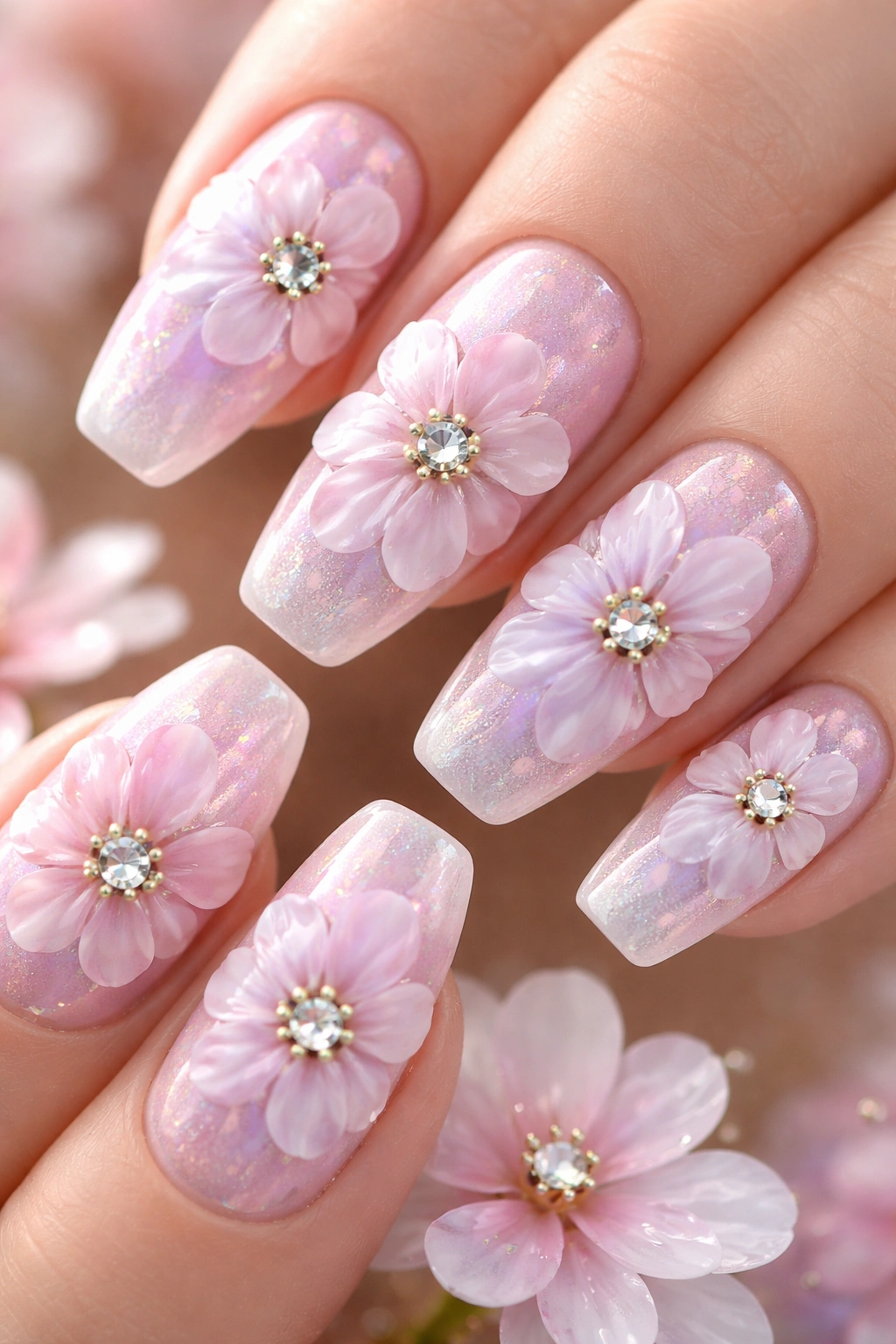 Nails with floral designs and rhinestone centers