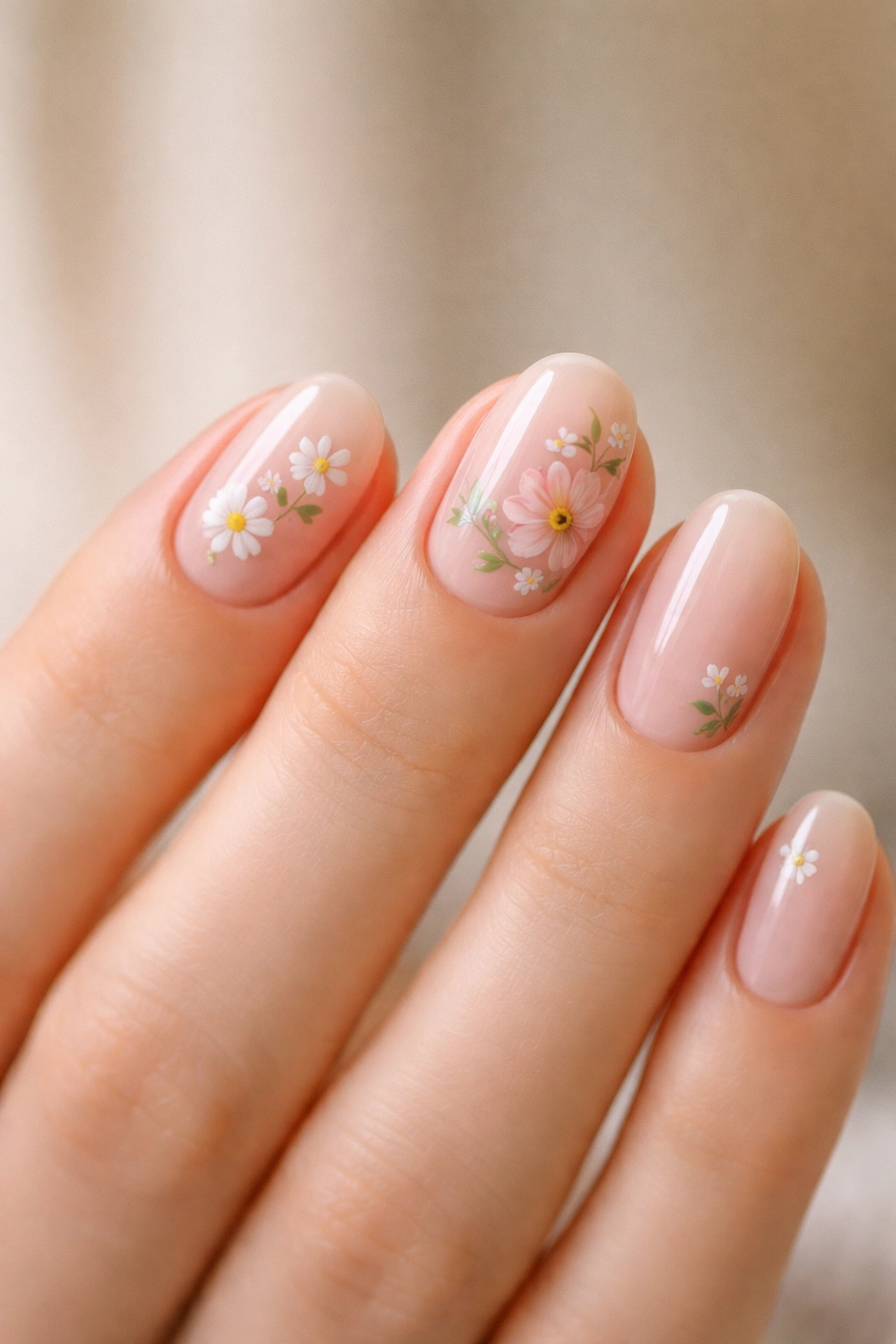 Hand with short oval nails displaying two different floral styles