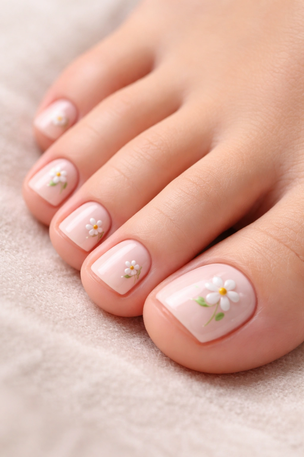 Toes with five-dot floral nail art on soft pink base.