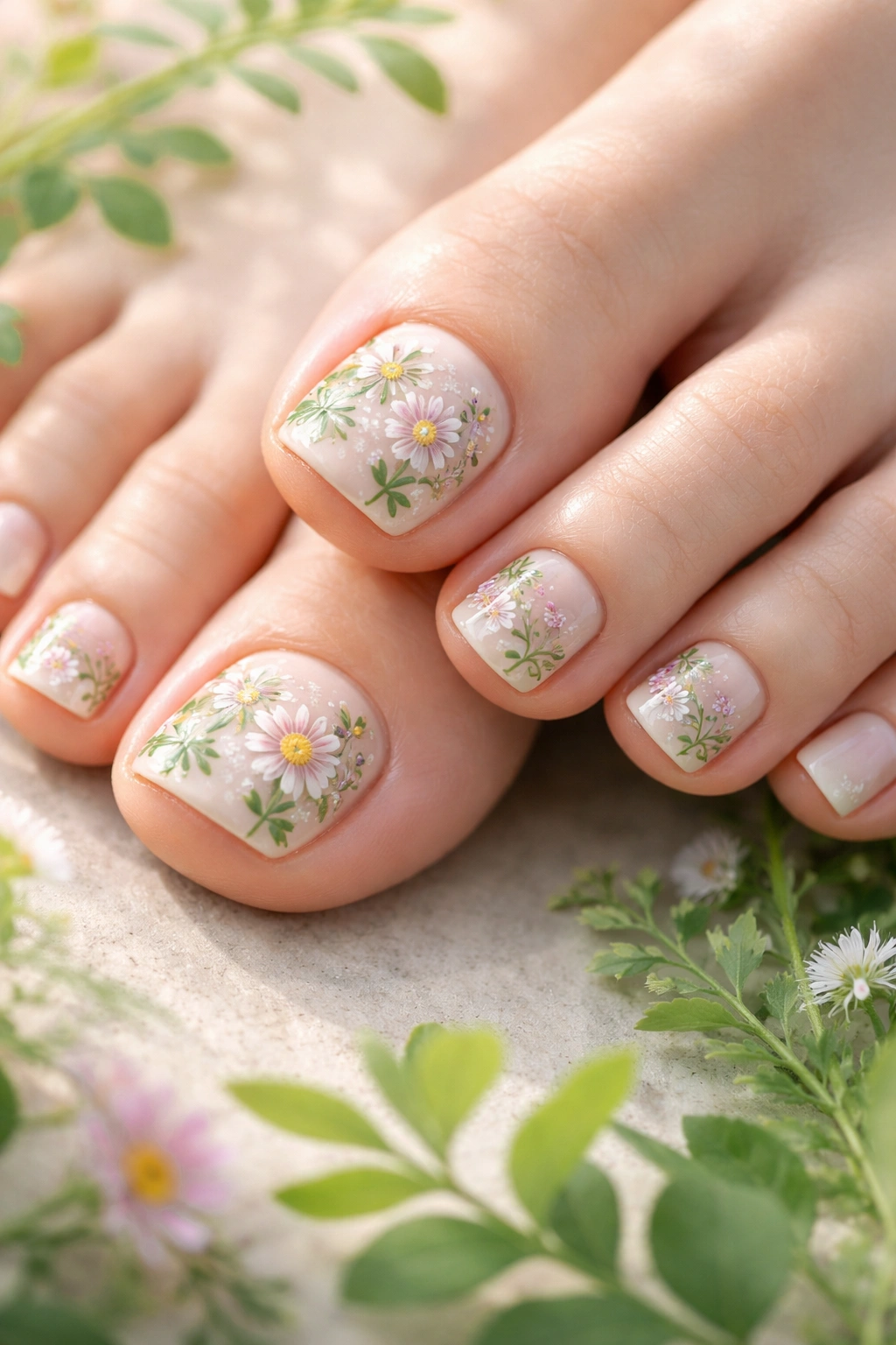 Close-up of floral garden-inspired toenails on pastel base