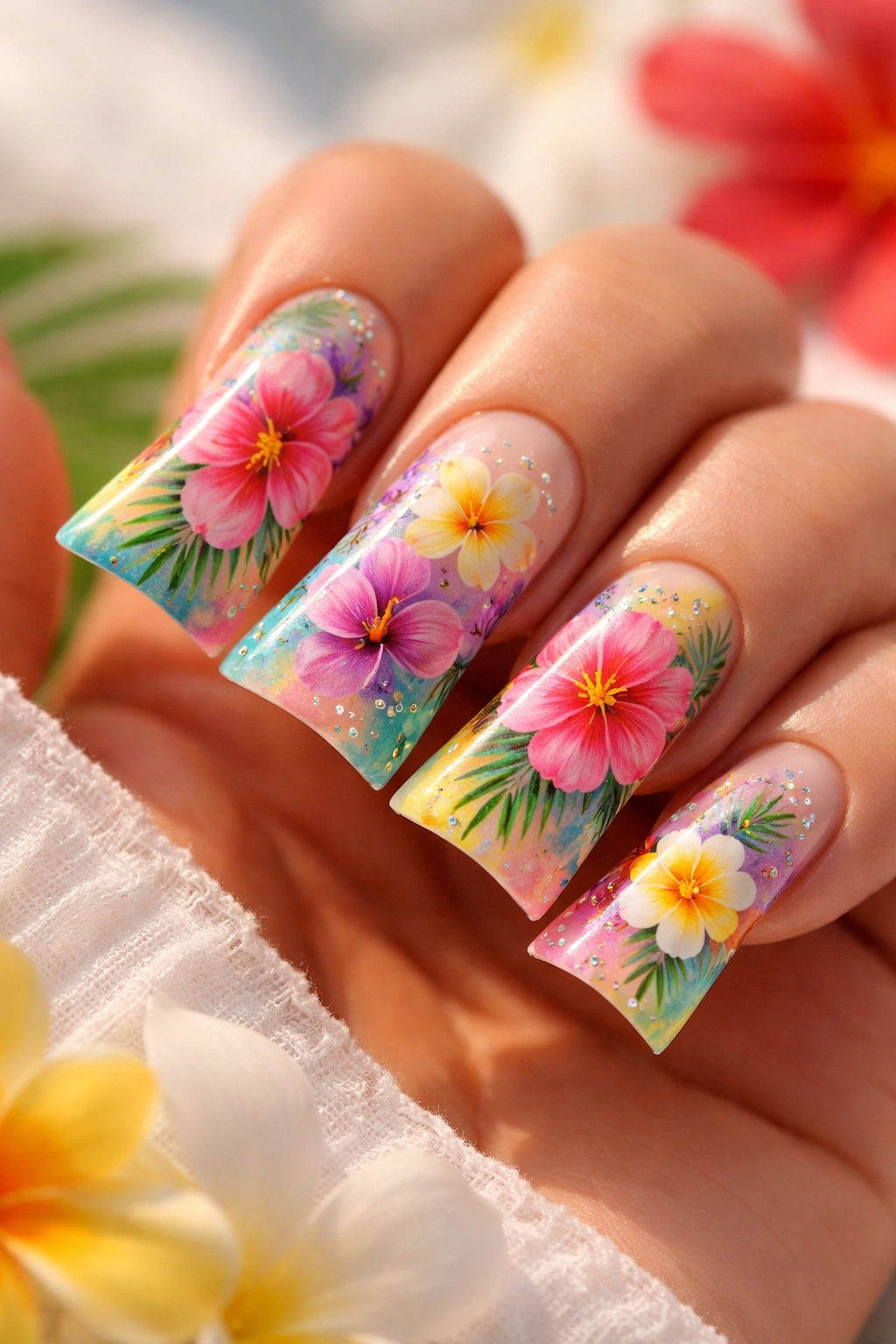 Close-up of floral tropical duck nails with hibiscus and orchid motifs