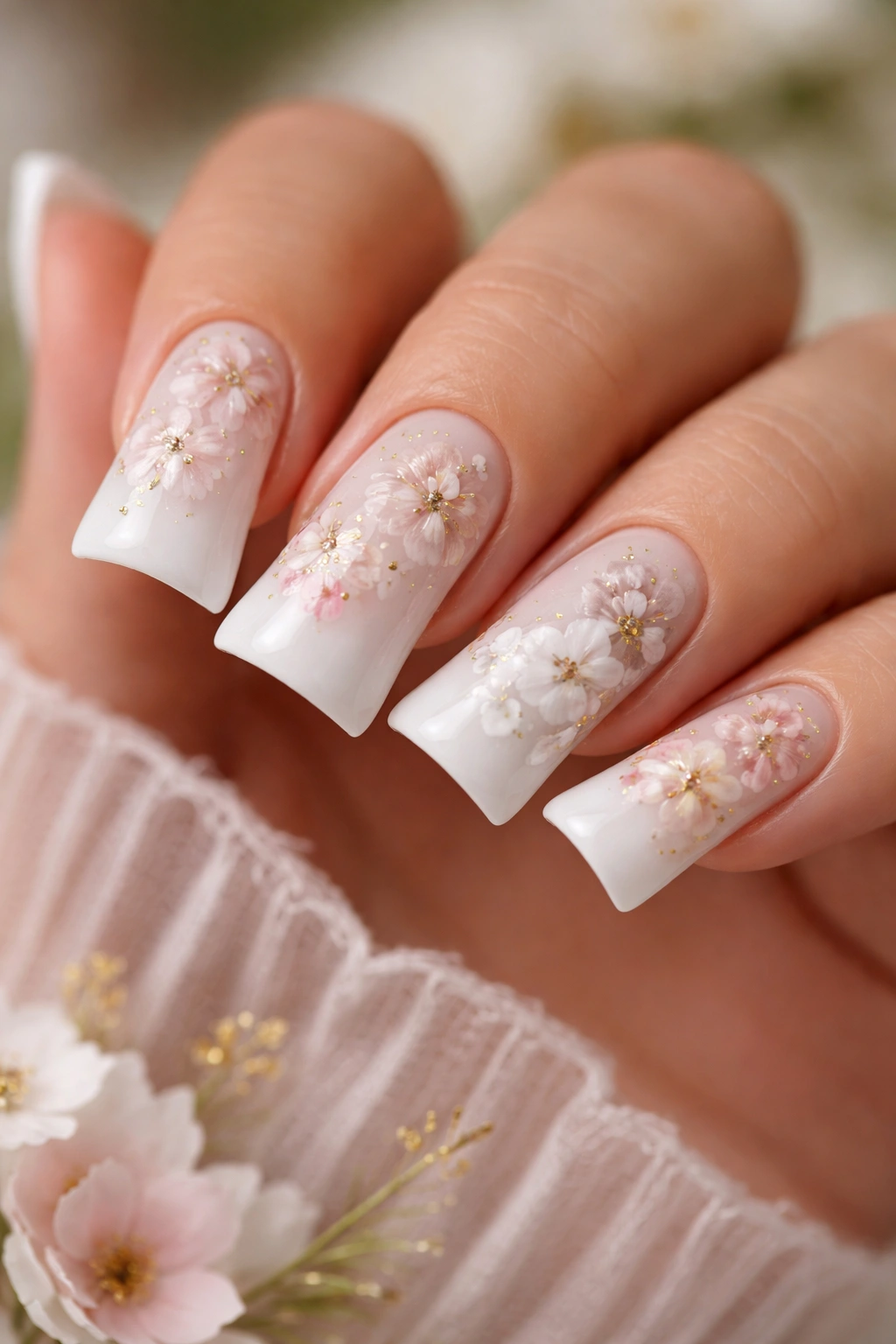 Close-up of floral-painted white duck nails