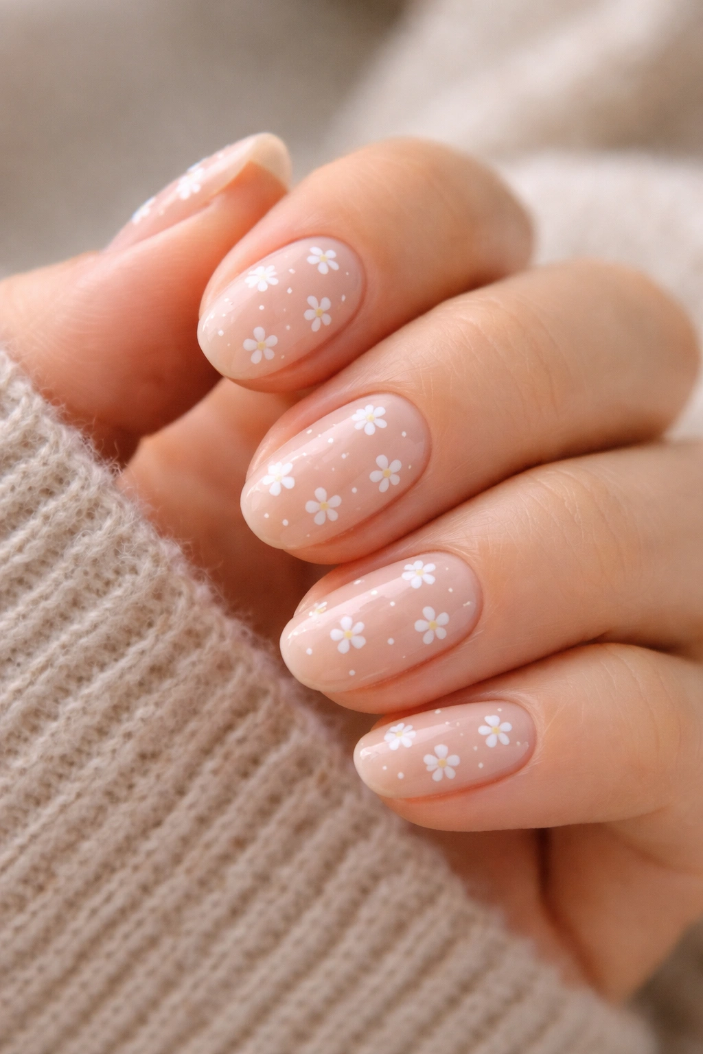 Close-up of tiny white floral designs on sheer base nails