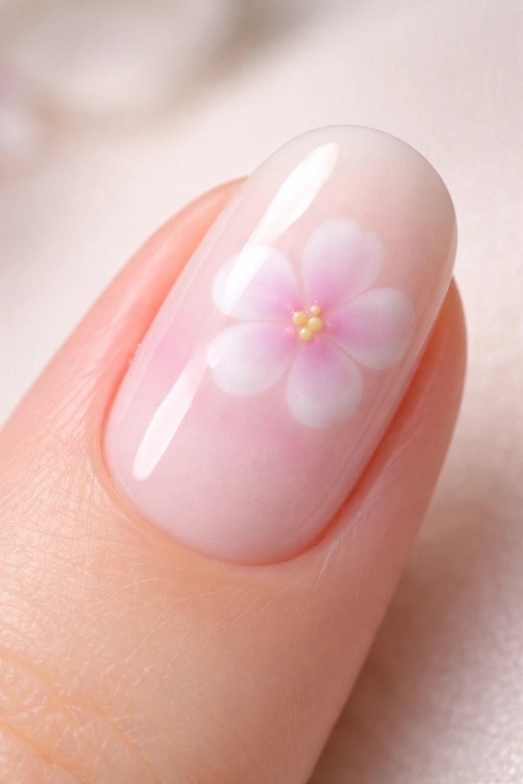 Close-up of a pastel nail with five dot petals blooming in gel