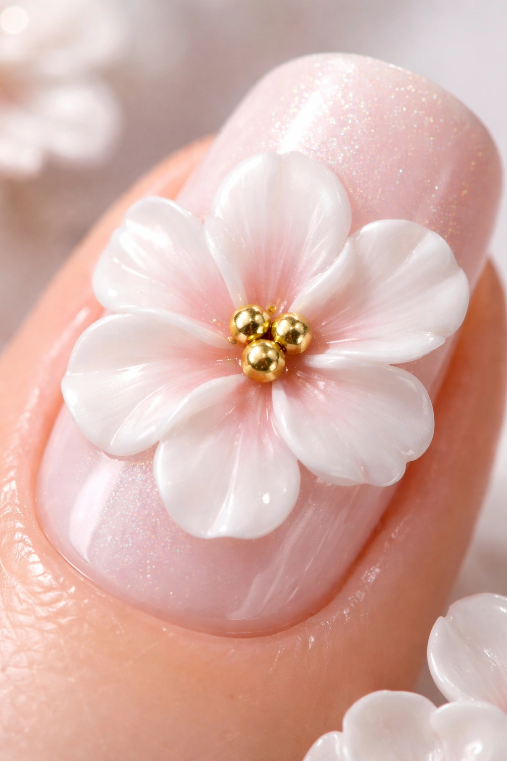 Nail flower center with a trio of metallic beads arranged in the center