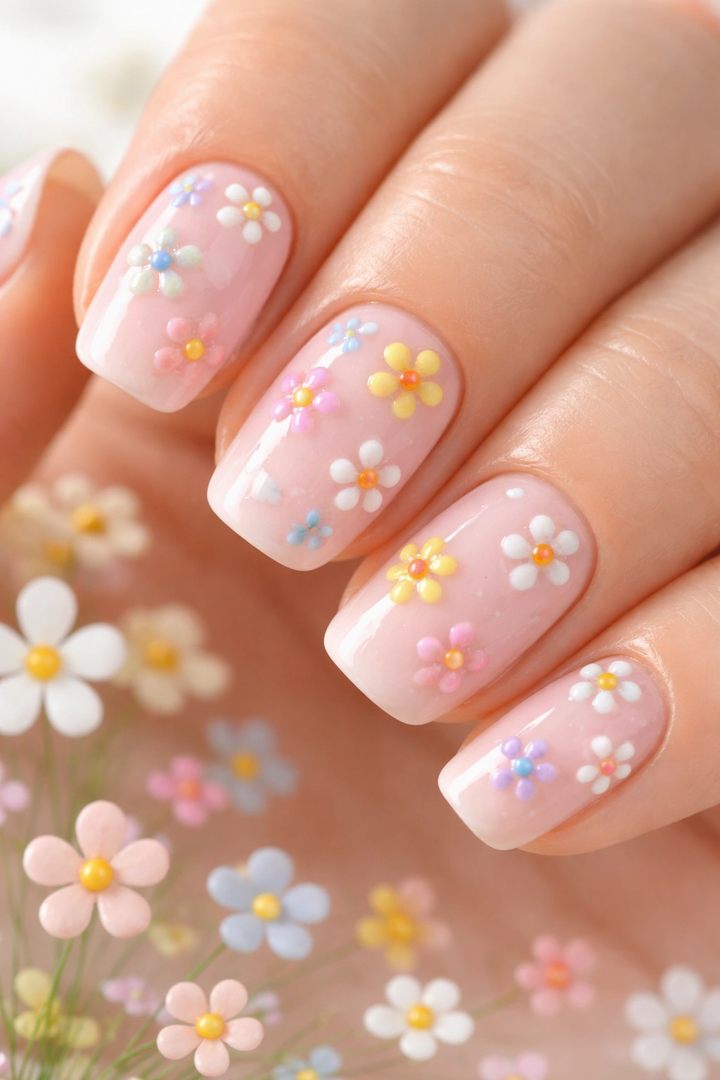 Close-up of nails featuring dotted flower garden nail art on pastel base