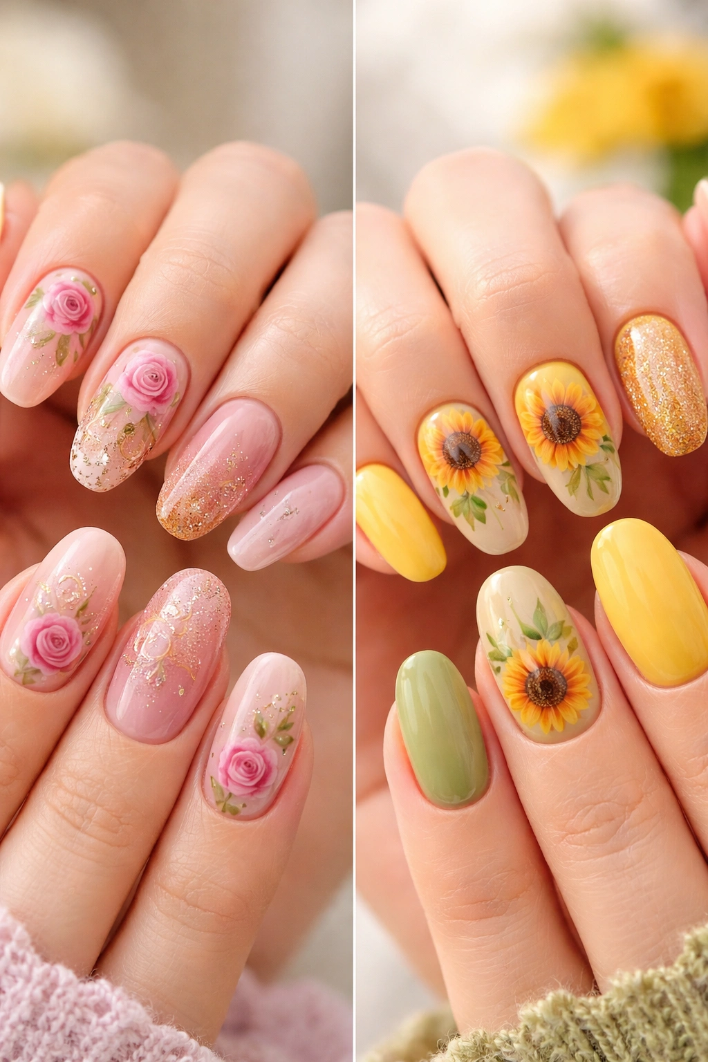 Hands with floral nail art in coordinated colors, different flower themes.