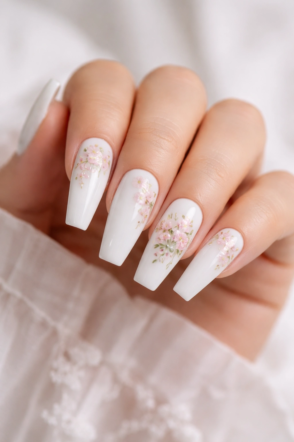 White coffin nails with delicate hand-painted flowers