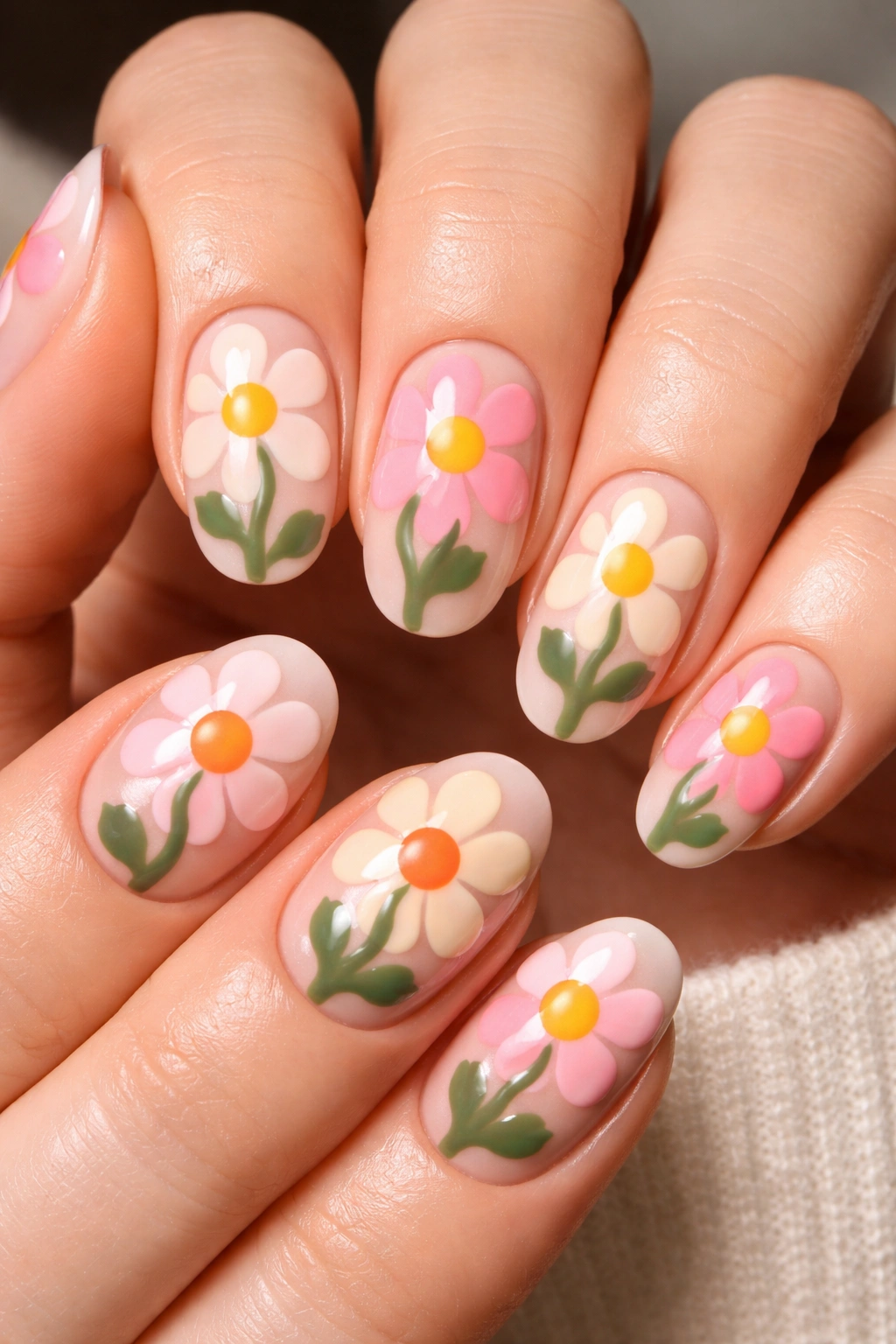 Nails with bold 70s flower designs featuring rounded petals