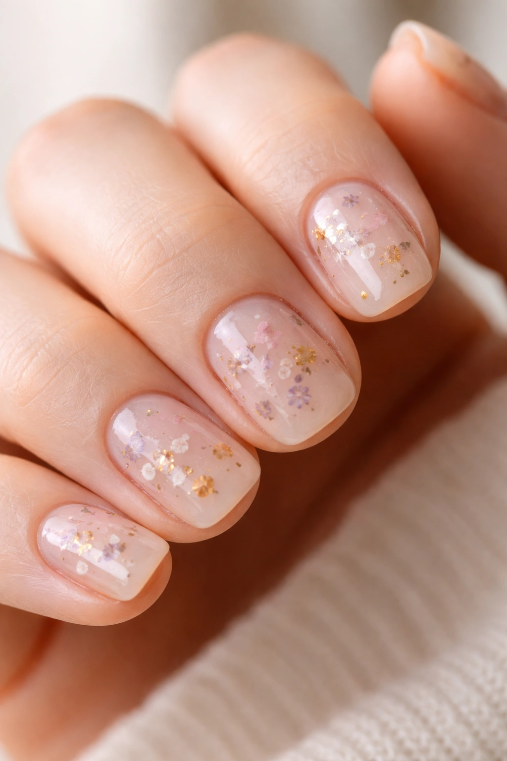 Close-up of short squoval nails with sheer nude base and tiny pressed flowers under clear top coat