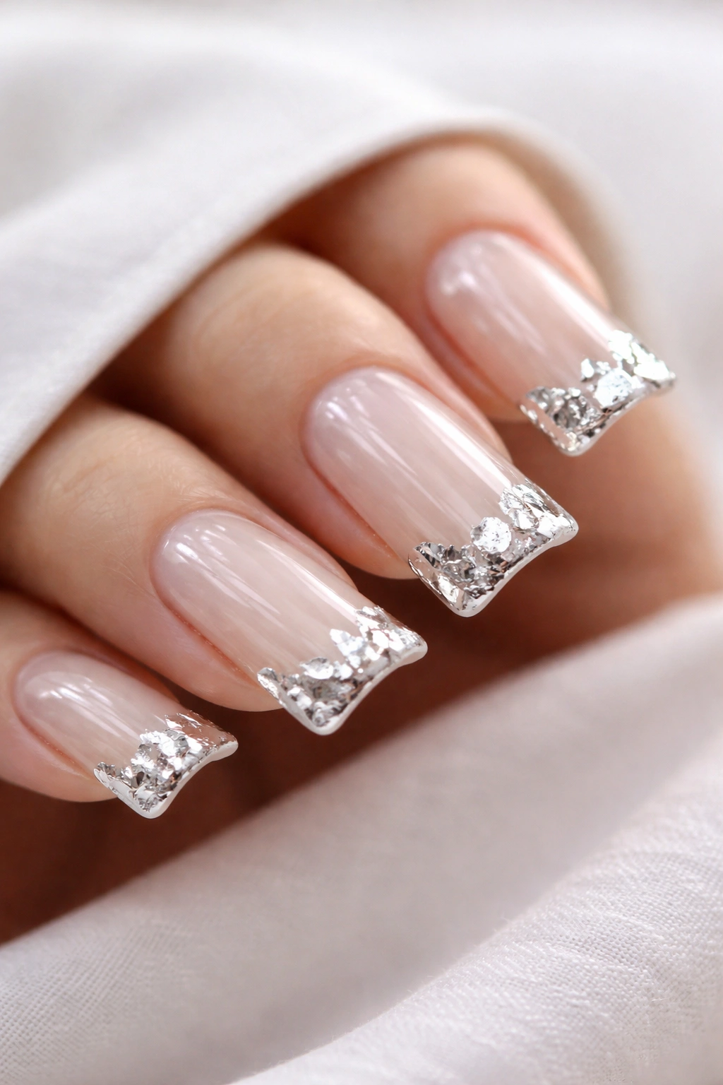 Close-up of nails with minimalist silver or pearl foil accents on the edges.