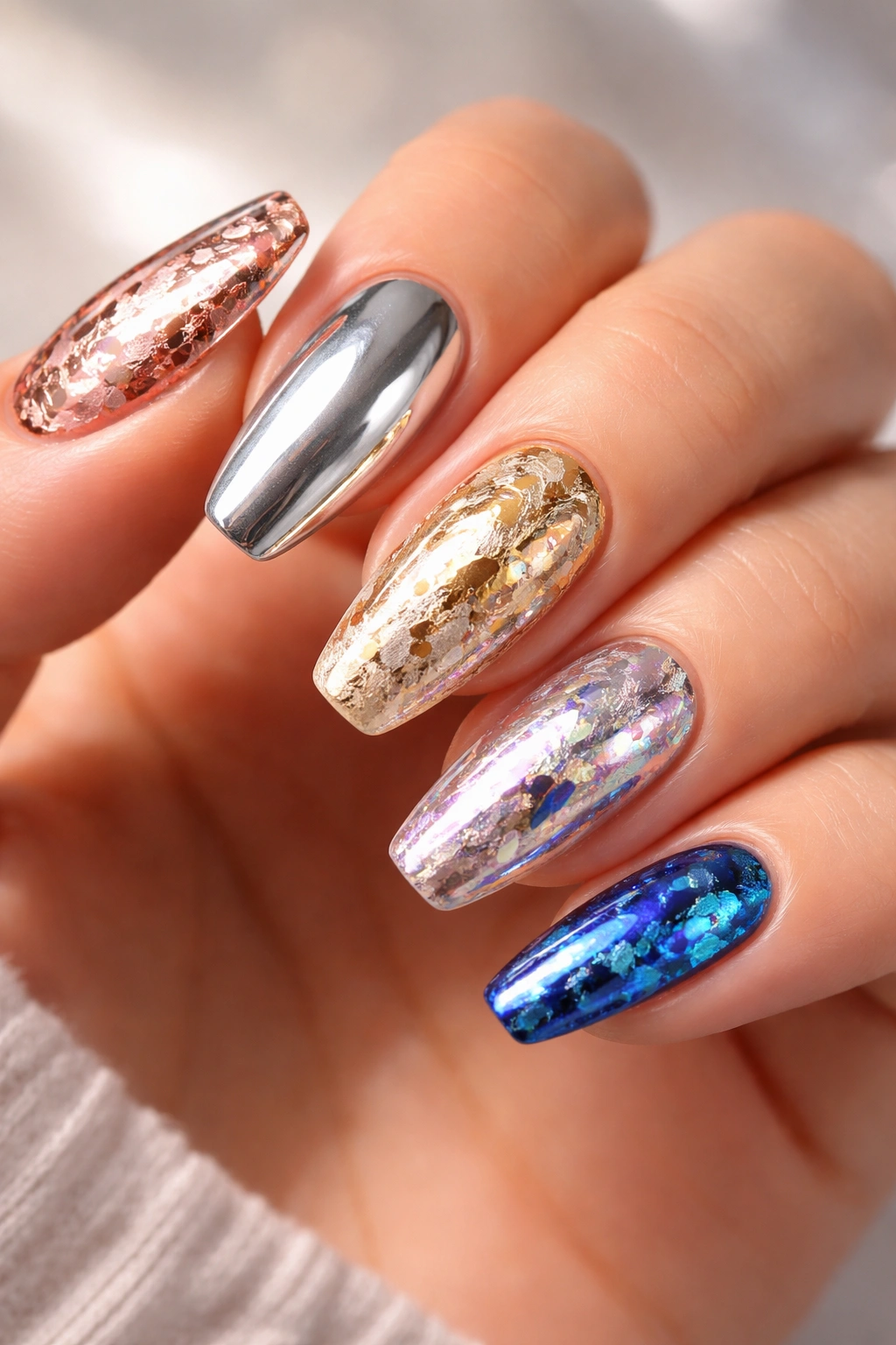 Close-up of a set of glossy foil nails on a neutral background.