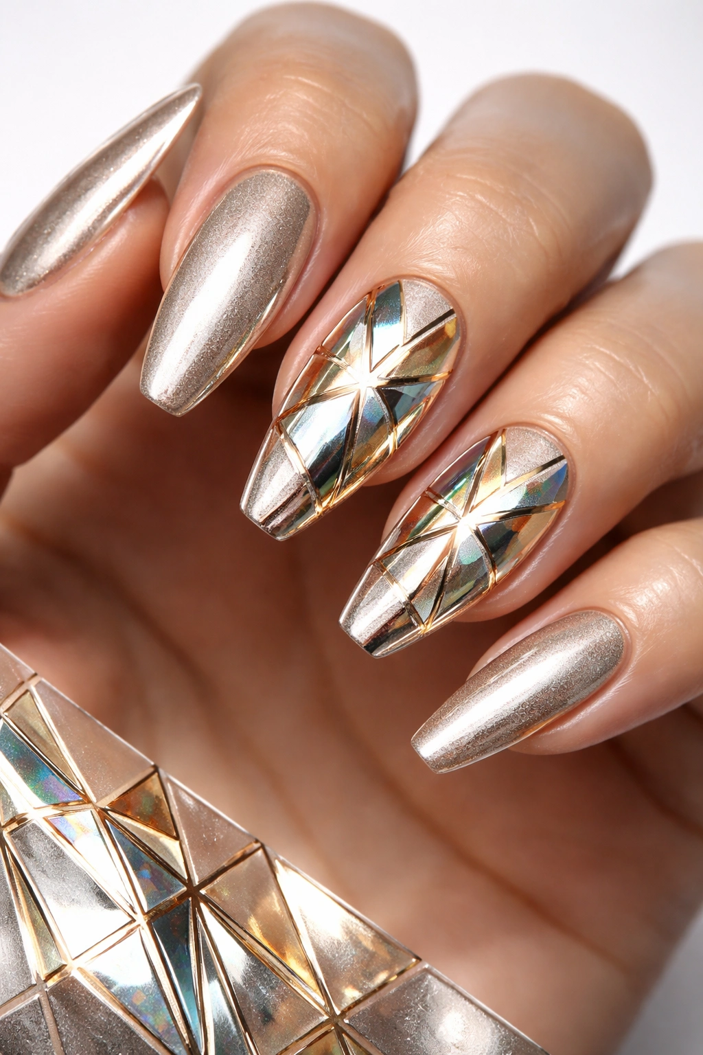 Nails with metallic foil accents forming geometric patterns on accent nails